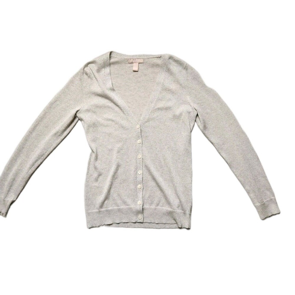 Banana Republic Silk Blend Cardigan Silver Sparkle Button V Neck Womens S EUC